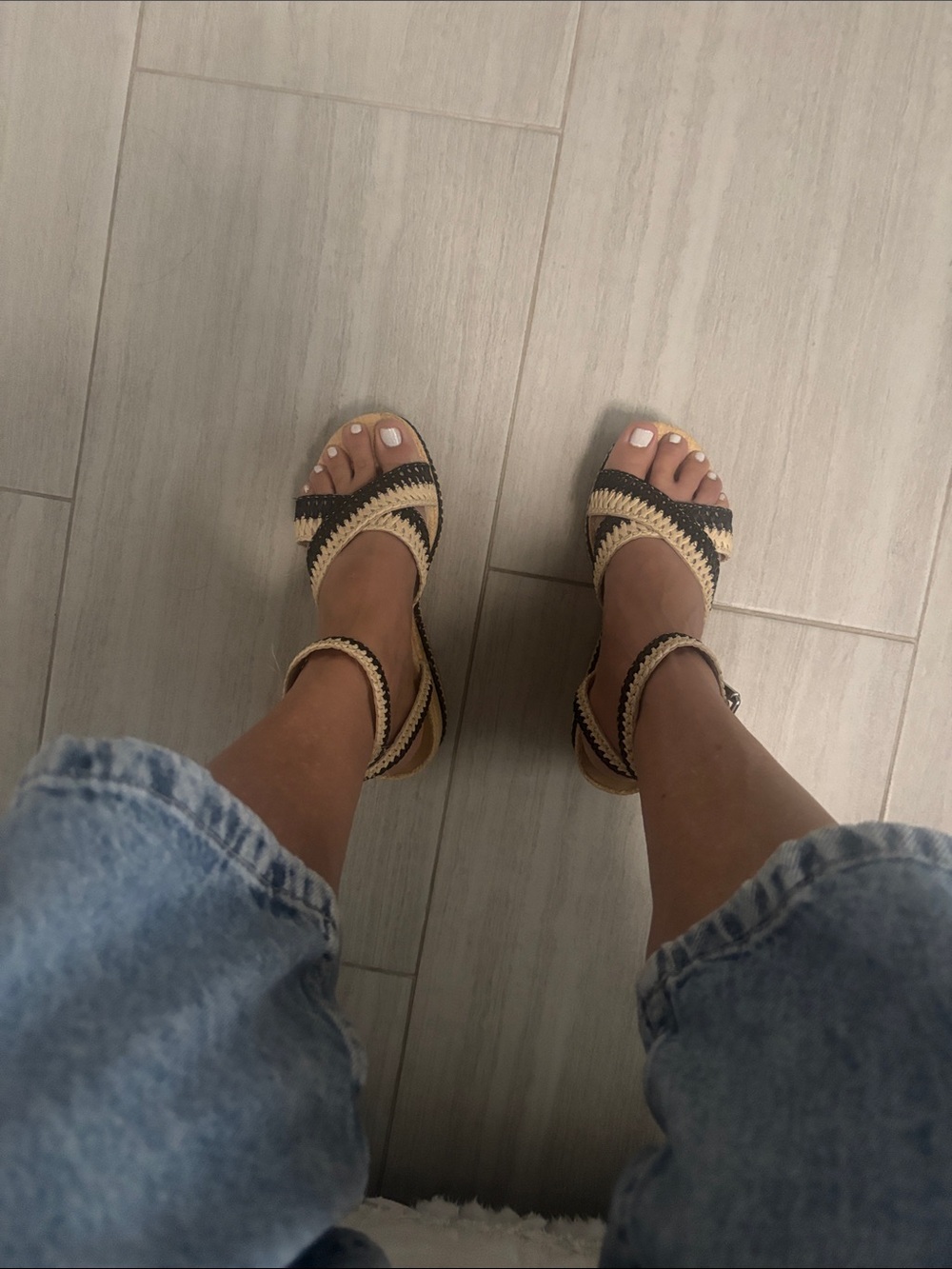 Dolce Vita Black and Tan Woven Ankle-Strap Wedges